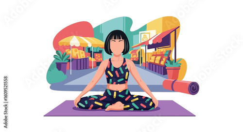 Woman meditating in lotus position outdoors near a market, perfect for wellness websites or brochures.