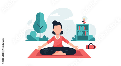 Woman meditating in lotus position at home, perfect for wellness websites and blogs.