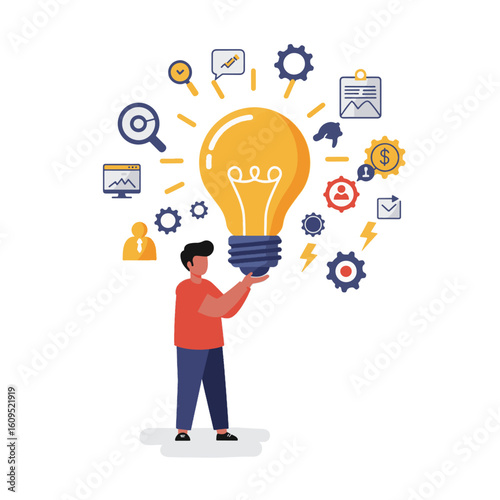 Man presenting idea with business and data icons