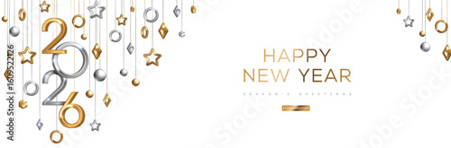 Merry Christmas and Happy New Year banner, hanging gold and silver 3d baubles and 2026 numbers on white background. Vector illustration. Winter holiday geometric decorations, modern poster flyer