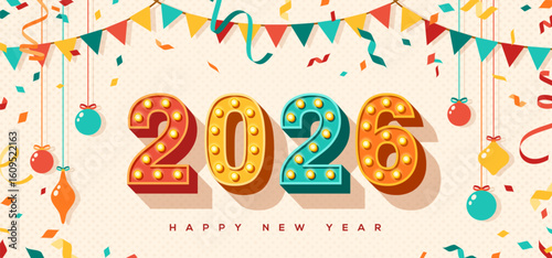 Merry Christmas Happy New year 2026 card invitation, typography design. Vector illustration. Retro light bulbs font, streamers, confetti and hanging flag garlands. Flyer, poster voucher template.