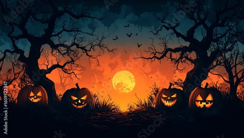 Fototapeta Naklejka Na Ścianę i Meble -  Four glowing jack o lanterns in a spooky forest at sunset halloween pumpkin
