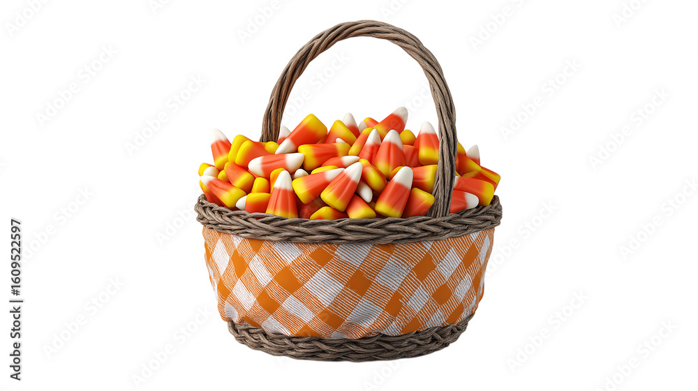 Naklejka premium A basket full of candy corn is shown on a white background