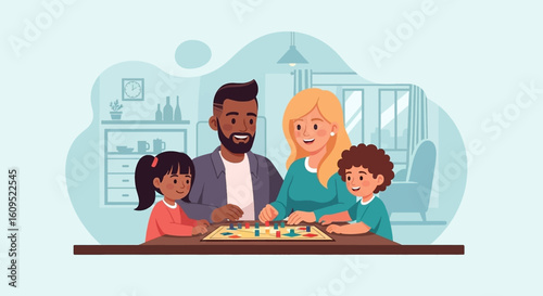 Happy family playing a board game at home. Perfect for family blogs, websites, or articles about family time and togetherness.