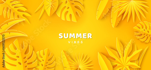 Summer background, yellow tropical holiday concept. Vector illustration. Jungle tropic leaves frame border 3d paper cut. Palm tree beach vacation fashion poster. Sun, travel nature modern banner