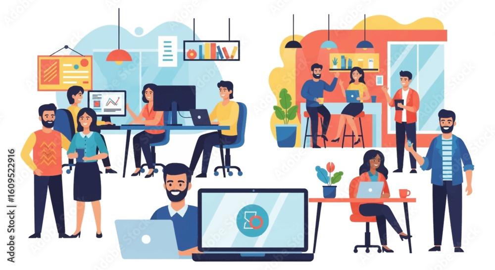 Obraz premium Diverse team collaborating in a modern office, ideal for website banners or presentations.