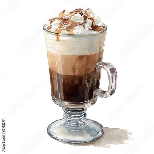 Watercolor vector illustration of Caffe Mocha, isolated on white background.