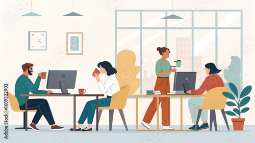 Diverse team of coworkers collaborating in a modern office, perfect for illustrating teamwork and productivity on a company website or brochure.