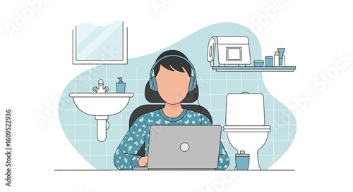 Person working on laptop in bathroom, ideal for articles about remote work or work-life balance.