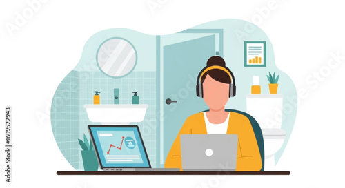 Woman working from home in bathroom, using laptop and headphones. Perfect for remote work, work-life balance, and flexible work illustrations.