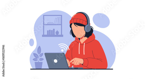 Young woman working from home on laptop, perfect for website banners or blog posts about remote work.