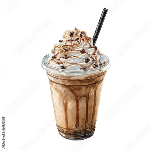 Watercolor vector illustration of Coffee Frappuccino, isolated on white background.