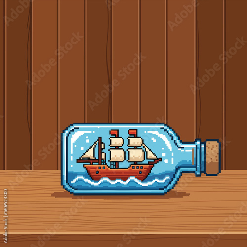 A detailed pixel art sailing ship with white sails inside a corked glass bottle.