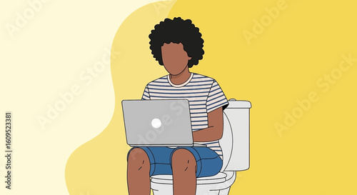 Illustration of a person working on a laptop while sitting on a toilet, suitable for articles about work-life balance or remote work challenges.
