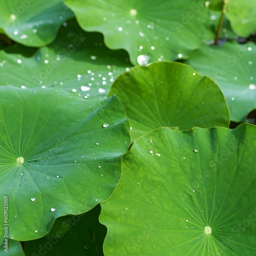 Close-up of lush green lotus leaves with water droplets