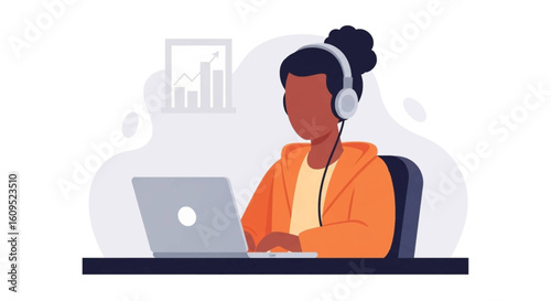 Woman with Headphones Working on Laptop, Perfect for Business and Technology Websites