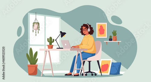 Woman working from home on laptop, perfect for remote work and freelance lifestyle blog posts.