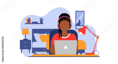 Young woman working from home on laptop, perfect for blog posts about remote work or online learning.
