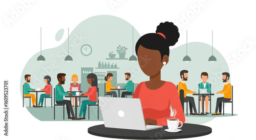 Diverse group of people working and socializing in a modern cafe, ideal for websites and brochures promoting coworking spaces.