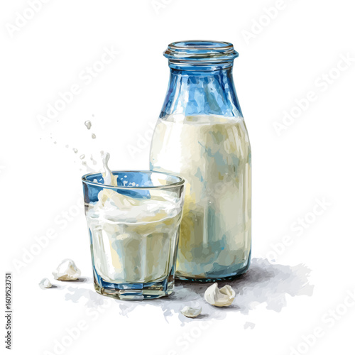 Watercolor vector illustration of Milk, isolated on white background.
