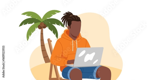 Remote Work, Tropical Paradise: Illustration of a man working on a laptop on a beach, perfect for travel blogs or remote work articles.
