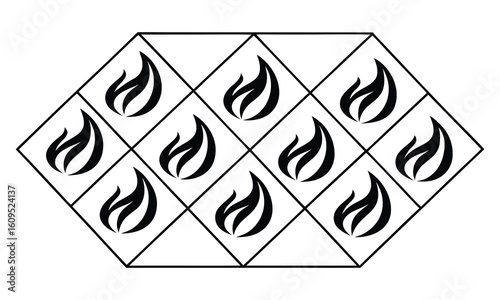 Grid of 16 monochrome flame symbols, evenly spaced and symmetrical, simple vector art with modern design aesthetic.