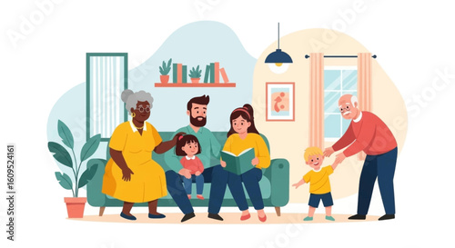 Happy multigenerational family spending time together at home, perfect for family, togetherness, and love-themed projects.