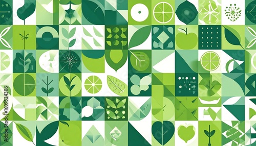 Geometric pattern of green shapes, fruits, and leaves.  Fresh, vibrant, and stylized.  Repeating design on a white background.  Squares and triangles arranged in a grid
