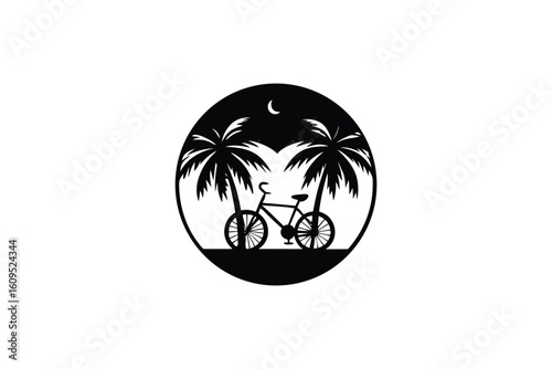 Sunset Scene with Palm Tree and Tandem Bicycle Silhouette Illustration
