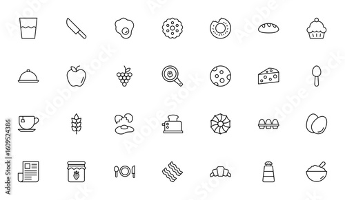 Breakfast icon set. Minimal vector food illustrations. Includes glass of water, fried egg, biscuit, donut, bread, cupcake, apple, grapes, cheese and more. Editable stroke.