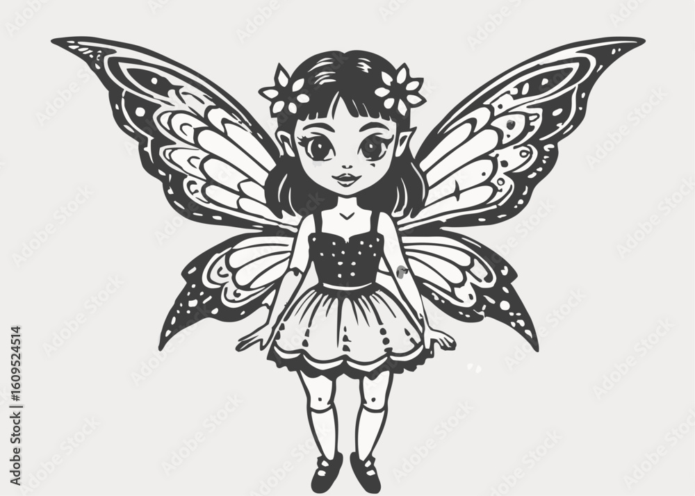 Fototapeta premium Flat vector illustration in children's style. Beautiful fairy woman with wings flying on white background