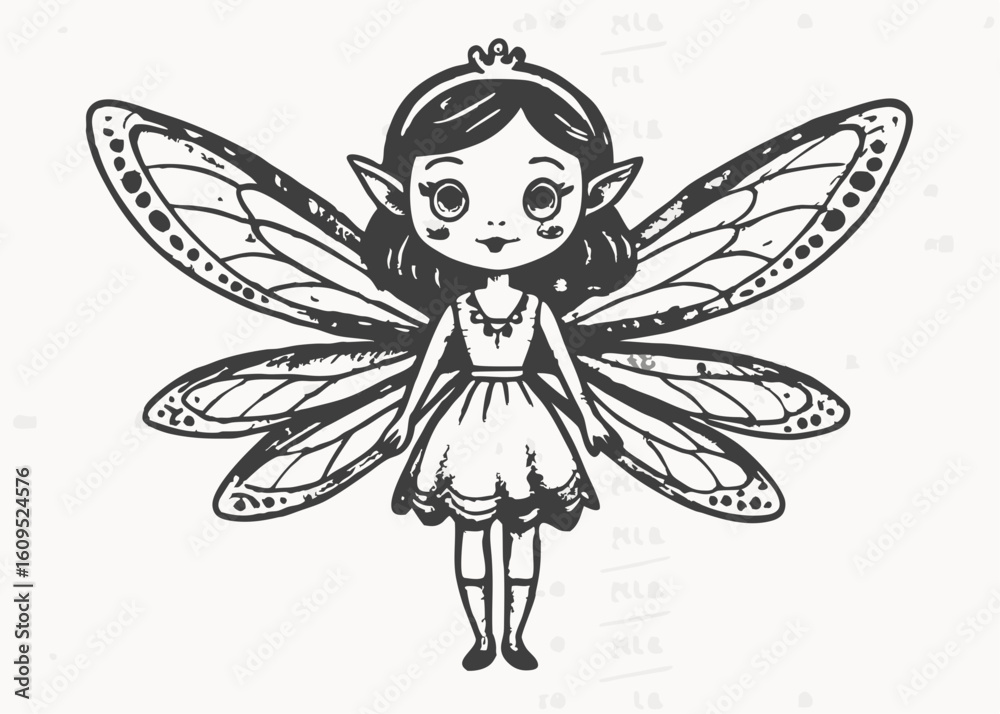 Fototapeta premium Flat vector illustration in children's style. Beautiful fairy woman with wings flying on white background
