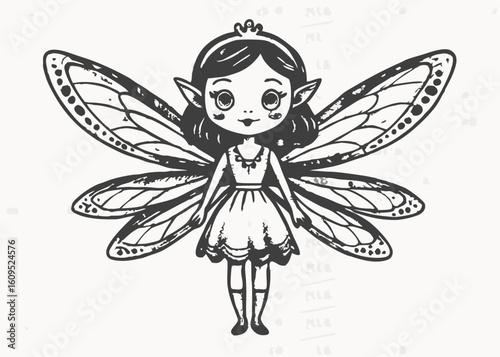Flat vector illustration in children's style. Beautiful fairy woman with wings flying
on white background