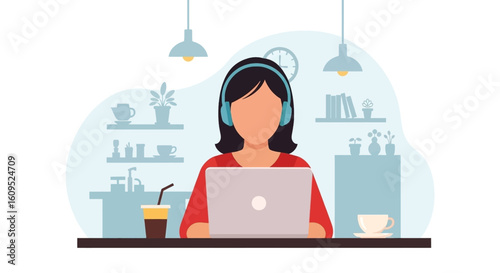 Woman working on laptop in cafe, perfect for blog posts about remote work or freelance life.
