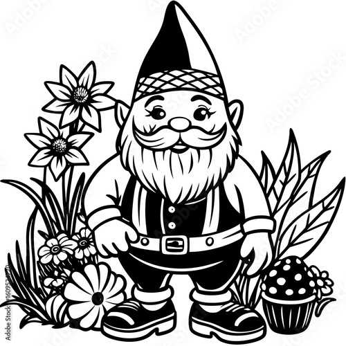 Gnomes with flower pot in cartoon style on white background