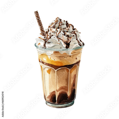 Coffee Frappuccino in watercolor style, vector illustration, isolated on white background.