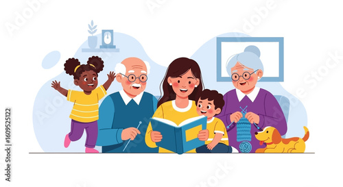 Happy multigenerational family reading and knitting together. Ideal for family, togetherness, and generational themes.