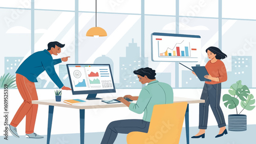 Diverse team collaborating on data analysis, perfect for business presentations or website banners.
