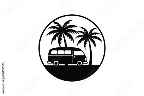Sunset with Palm Tree and Vintage Van in Circle Design