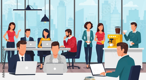 Diverse team of professionals working collaboratively in a modern office space. Ideal for website landing pages, brochures, and presentations.