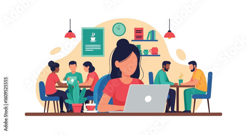 Diverse group of people working and socializing in a modern cafe, perfect for website banners or marketing materials.