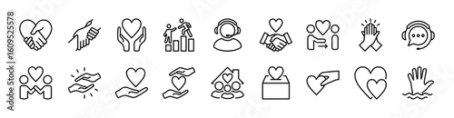 Assistance icon set. Contains help, care, social support team, charity, donate, volunteer, handshake heart, couple, friends, friendship, partnership, giving donation, family, together. Vector