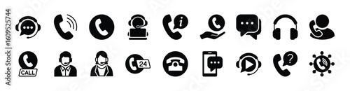 Consultant phone call center icon vector set. Contains contact information, help, support, live question, advice, 24 hours online video chat, assistant, customer service, operator, headset