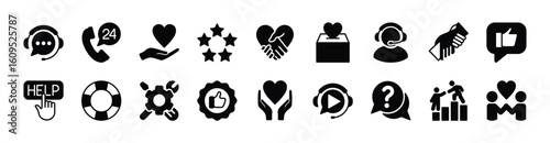 Support center icon vector set. Contains help care, technical service call, charity donate, handshake heart, friendship, assistance, question, buoy, live chat, volunteer, rating feedback, recommended