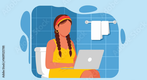 Woman working on laptop in bathroom - Illustration for blog, website or social media.