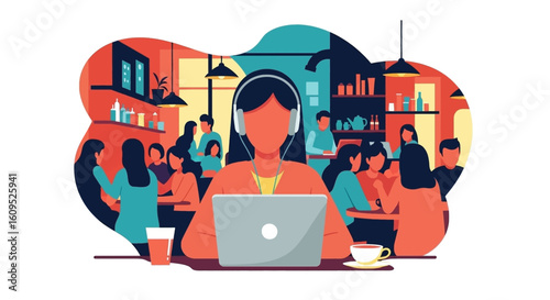 Woman working on laptop in a busy cafe, perfect for illustrating remote work, coworking spaces, or cafe culture.