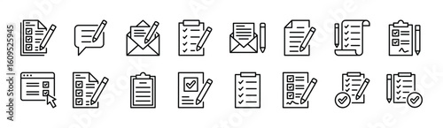 Contact form document icon set. Contains data entry, checklist, clipboard, contract agreement paper, digital survey report, questionnaire, registration, checkbox. Vector illustration