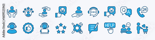 Customer service icon vector set. Contains satisfied support, client feedback, help call center, experience, question, complaint. operator, assistance and technical support, contact phone illustration