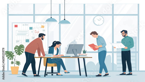 Teamwork in a modern office: Diverse colleagues collaborating on a project. Ideal for business presentations or website banners.