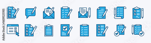 Set of contact form document icon. Contains data entry, checklist, clipboard, contract agreement paper, digital survey report, questionnaire, registration, checkbox. Vector illustration